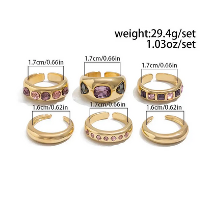 6Pcs Purple Rhinestone Rings Set