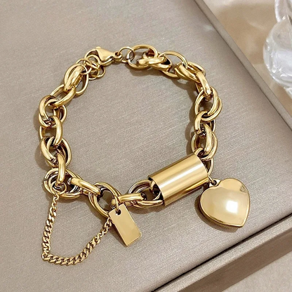 Chunky Gold Chain Bracelet with Heart Charm  Stainless Steel