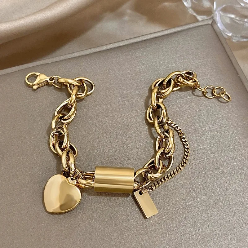 Chunky Gold Chain Bracelet with Heart Charm  Stainless Steel