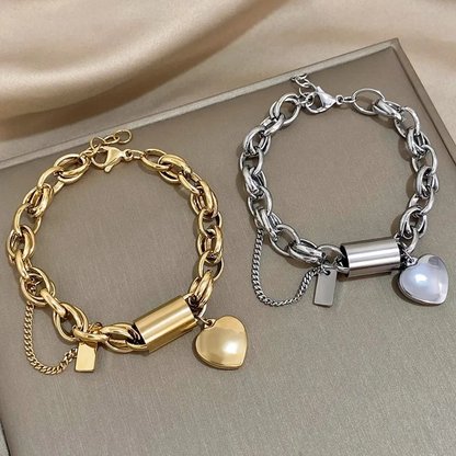 Chunky Gold Chain Bracelet with Heart Charm  Stainless Steel