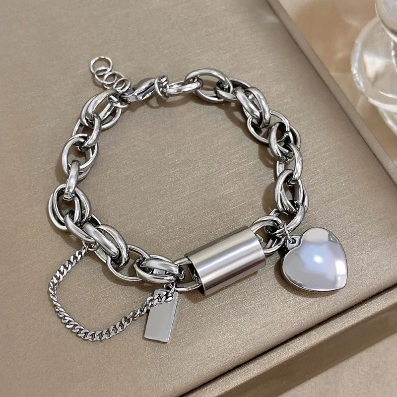 Chunky Gold Chain Bracelet with Heart Charm  Stainless Steel