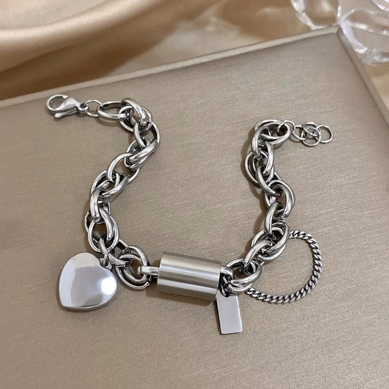 Chunky Gold Chain Bracelet with Heart Charm  Stainless Steel