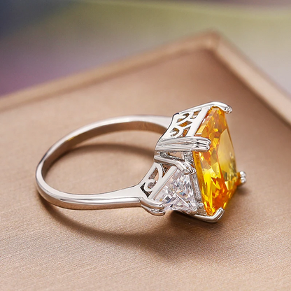 Elegant Sterling Silver Square Yellow Cubic Zirconia Ring