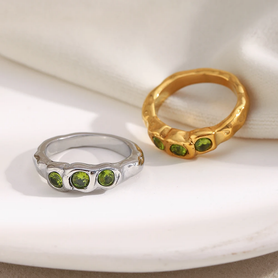 Vintage Style Three Green Zircon Stainless Steel Fashion Ring