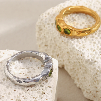 Vintage Style Three Green Zircon Stainless Steel Fashion Ring