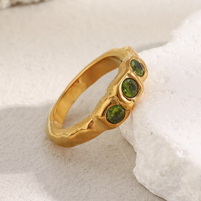 Vintage Style Three Green Zircon Stainless Steel Fashion Ring