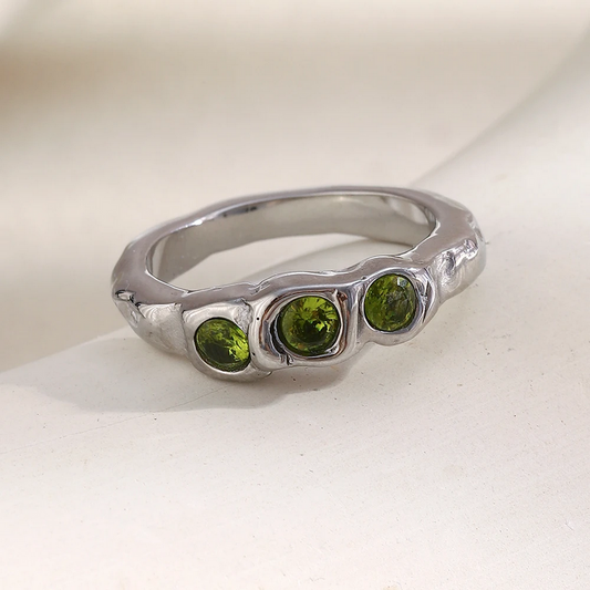 Vintage Style Three Green Zircon Stainless Steel Fashion Ring