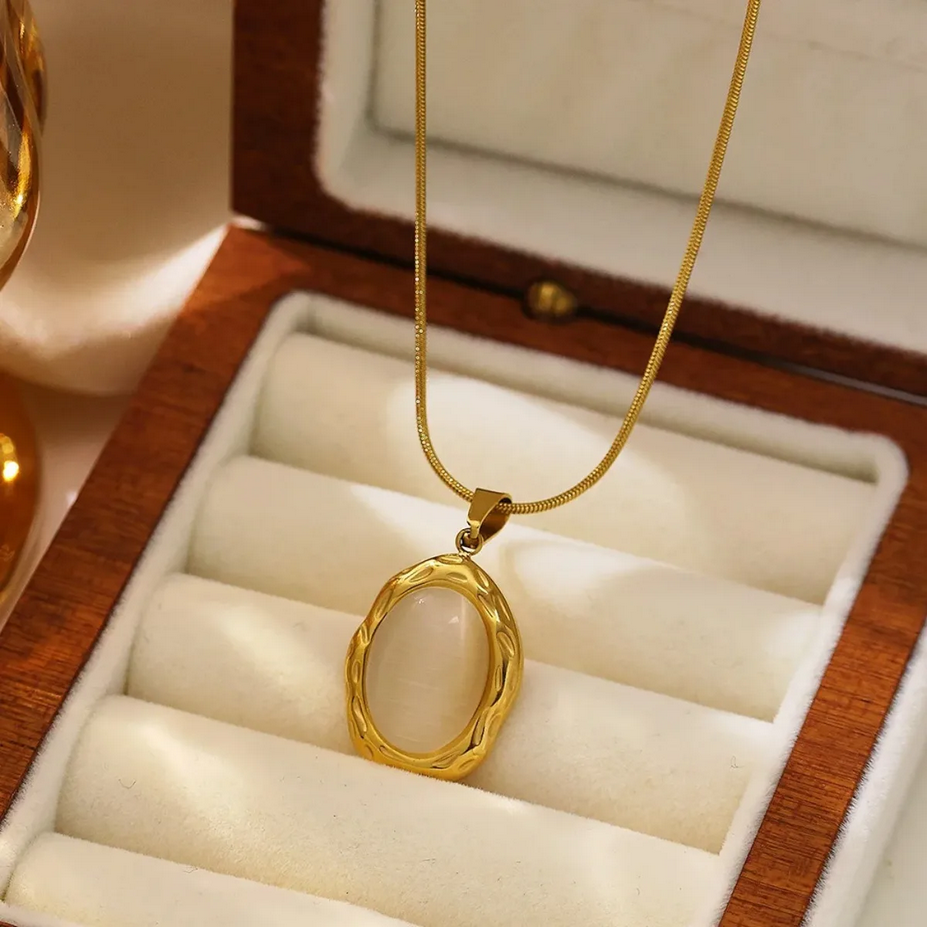 18K Gold Plated Oval White Cat Eye Opal Pendant Necklace