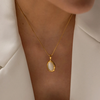 18K Gold Plated Oval White Cat Eye Opal Pendant Necklace