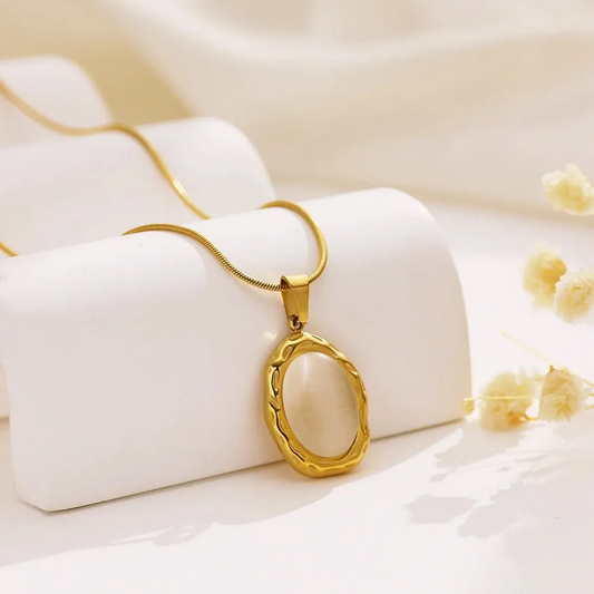18K Gold Plated Oval White Cat Eye Opal Pendant Necklace