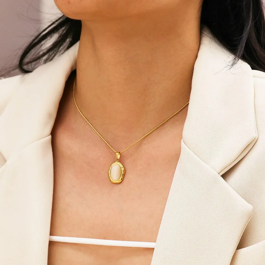 18K Gold Plated Oval White Cat Eye Opal Pendant Necklace
