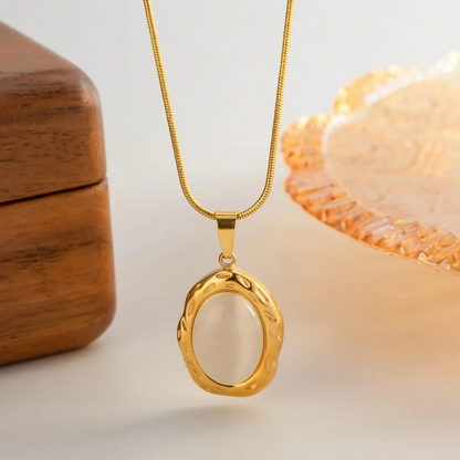 18K Gold Plated Oval White Cat Eye Opal Pendant Necklace
