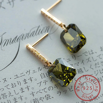 925 Sterling Silver Olive Green Zircon Square Stud Earrings for Women