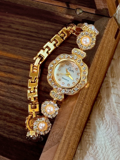French Elegant Women’s Watch Pearl Strap with Rhinestone Inlay