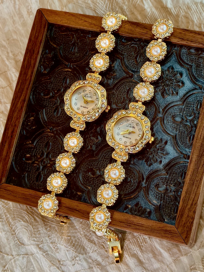French Elegant Women’s Watch Pearl Strap with Rhinestone Inlay