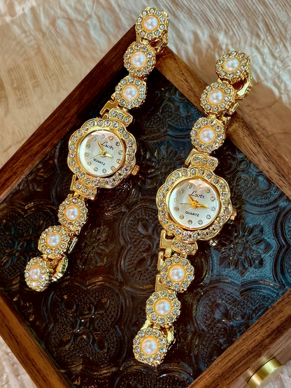French Elegant Women’s Watch Pearl Strap with Rhinestone Inlay