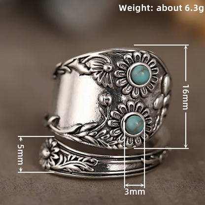 Boho Women’s Vintage Turquoise Flower Silver Ring