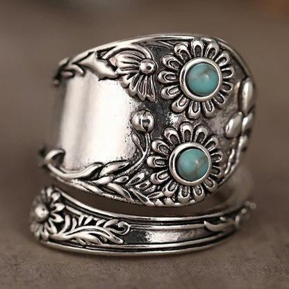 Boho Women’s Vintage Turquoise Flower Silver Ring
