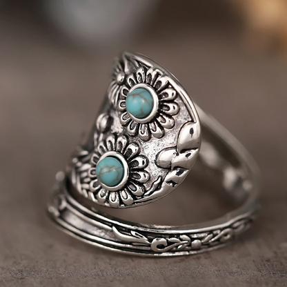 Boho Women’s Vintage Turquoise Flower Silver Ring