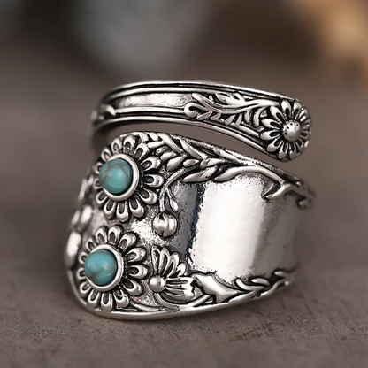 Boho Women’s Vintage Turquoise Flower Silver Ring