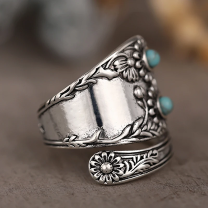 Boho Women’s Vintage Turquoise Flower Silver Ring