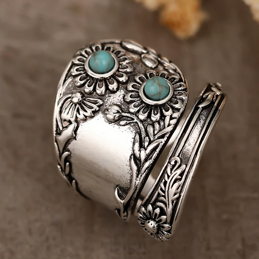 Boho Women’s Vintage Turquoise Flower Silver Ring