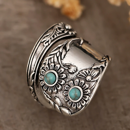 Boho Women’s Vintage Turquoise Flower Silver Ring