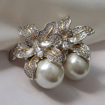 Gorgeous Flower Pearl Earrings with Sparkling CZ Stones