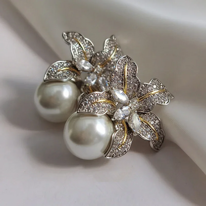 Gorgeous Flower Pearl Earrings with Sparkling CZ Stones