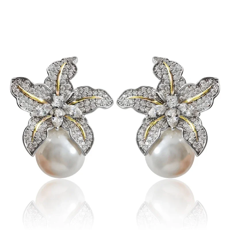Gorgeous Flower Pearl Earrings with Sparkling CZ Stones