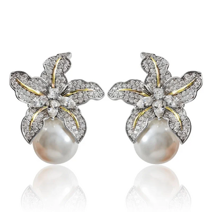 Gorgeous Flower Pearl Earrings with Sparkling CZ Stones