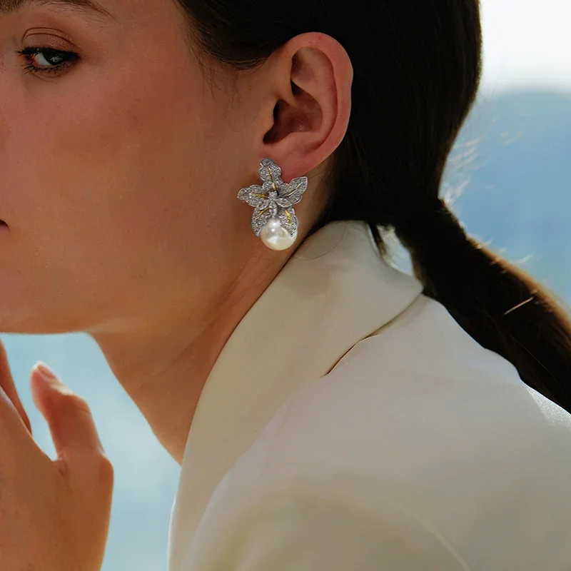 Gorgeous Flower Pearl Earrings with Sparkling CZ Stones
