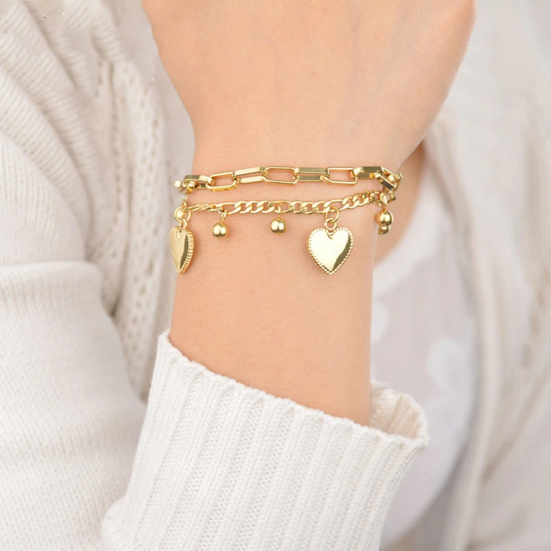 Multi-Layer Heart Charm Chain Bracelet