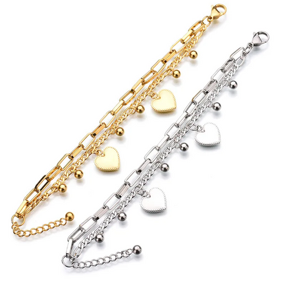 Multi-Layer Heart Charm Chain Bracelet