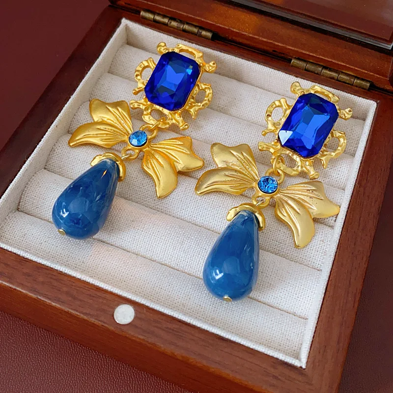 Luxury Bow Shaped Drop Earrings with Blue Rhinestones