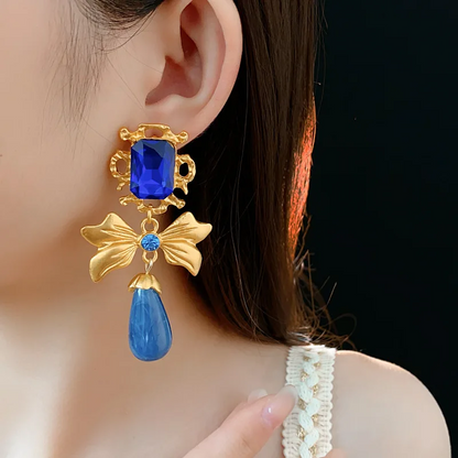 Luxury Bow Shaped Drop Earrings with Blue Rhinestones