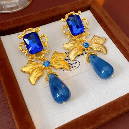 Luxury Bow Shaped Drop Earrings with Blue Rhinestones