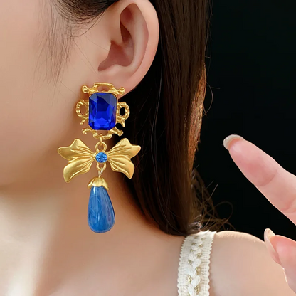Luxury Bow Shaped Drop Earrings with Blue Rhinestones