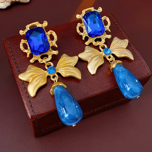 Luxury Bow Shaped Drop Earrings with Blue Rhinestones