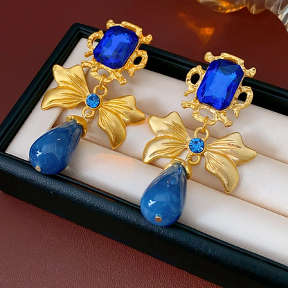 Luxury Bow Shaped Drop Earrings with Blue Rhinestones