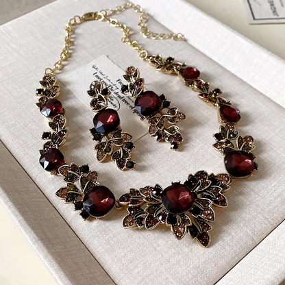 Women’s Vintage Brown Crystal Necklace & Earrings for Women