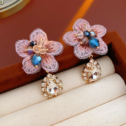 Rhinestone Inlaid Fabric Flower Water Drop Earrings