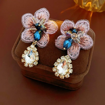 Rhinestone Inlaid Fabric Flower Water Drop Earrings
