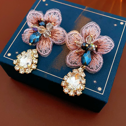 Rhinestone Inlaid Fabric Flower Water Drop Earrings