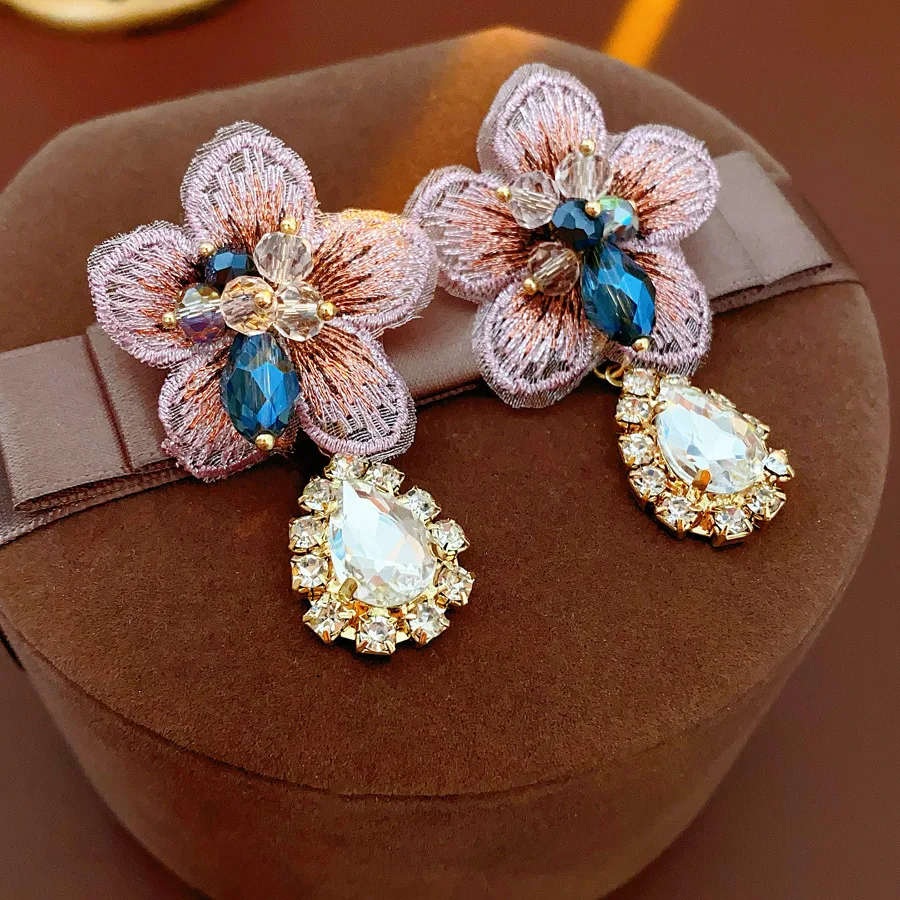 Rhinestone Inlaid Fabric Flower Water Drop Earrings