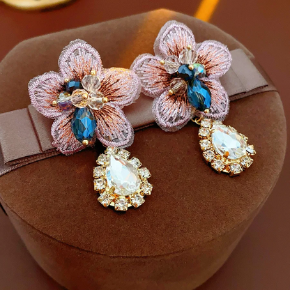 Rhinestone Inlaid Fabric Flower Water Drop Earrings