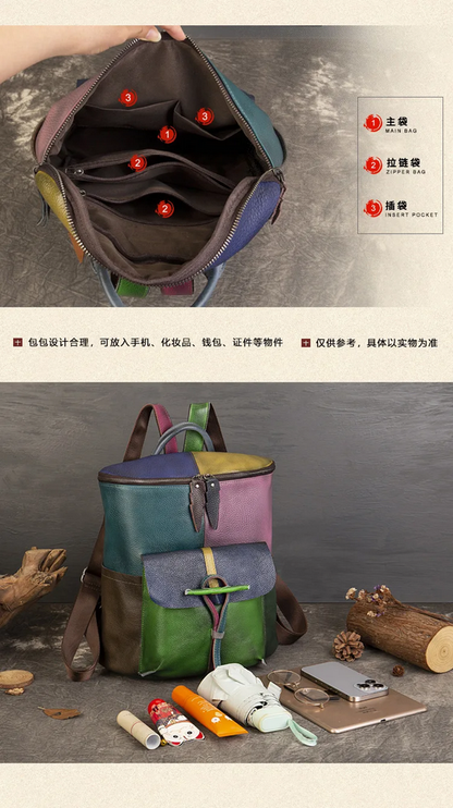 Fashion Patchwork Leather Backpack  Durable Travel & School Bag