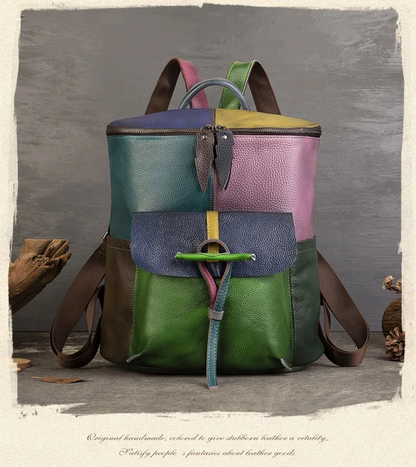 Fashion Patchwork Leather Backpack  Durable Travel & School Bag