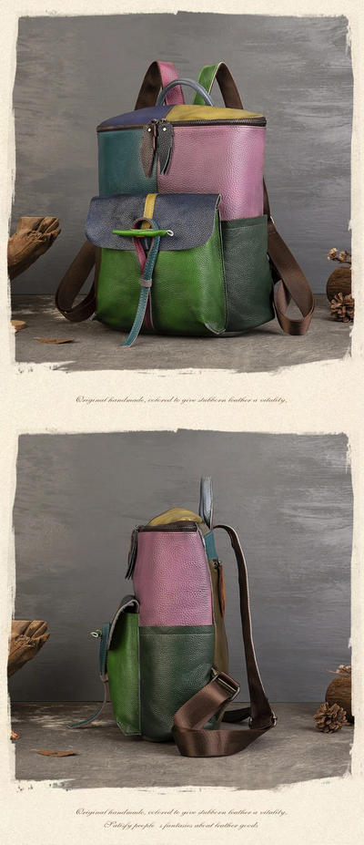 Fashion Patchwork Leather Backpack  Durable Travel & School Bag