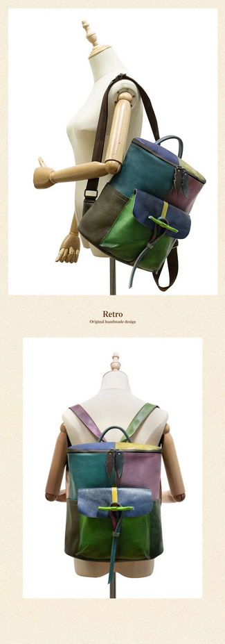 Fashion Patchwork Leather Backpack  Durable Travel & School Bag